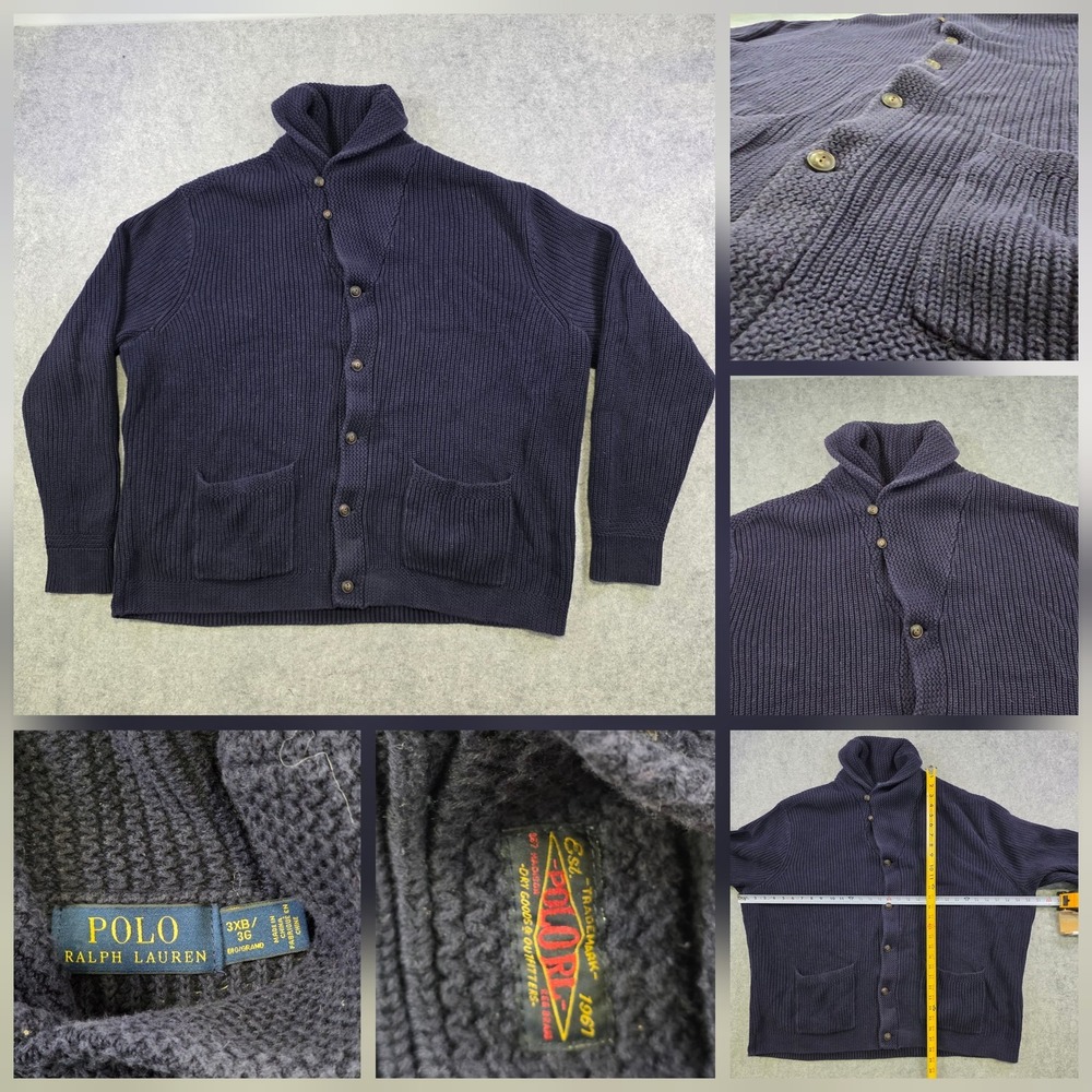 Polo Ralph Lauren Sweater Mens 3XB Big Navy Cotton Mock Neck Knit Cardigan